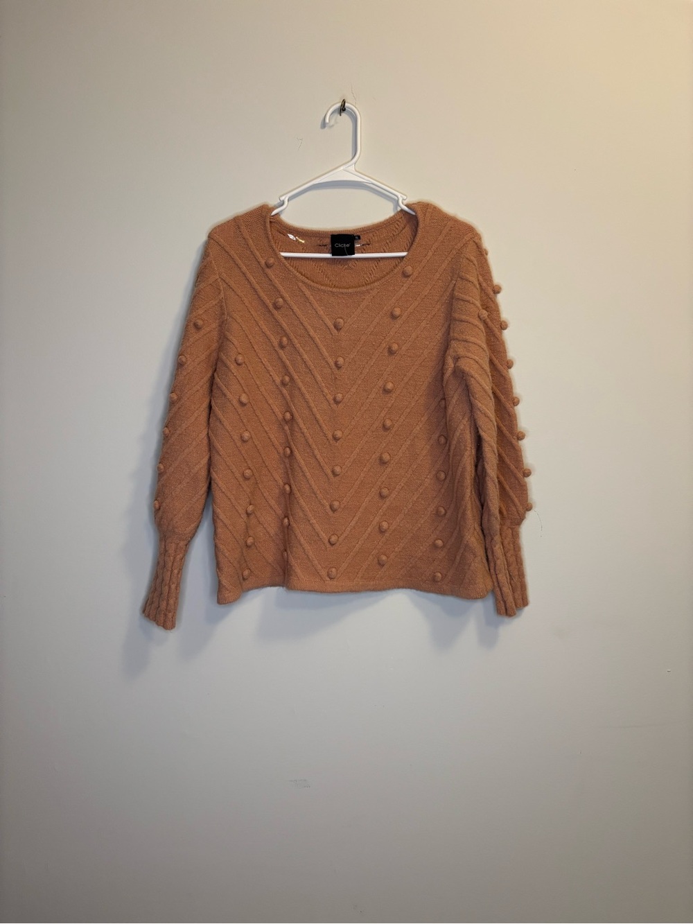 Chunky Pom-Pom Crewneck Sweater in Camel